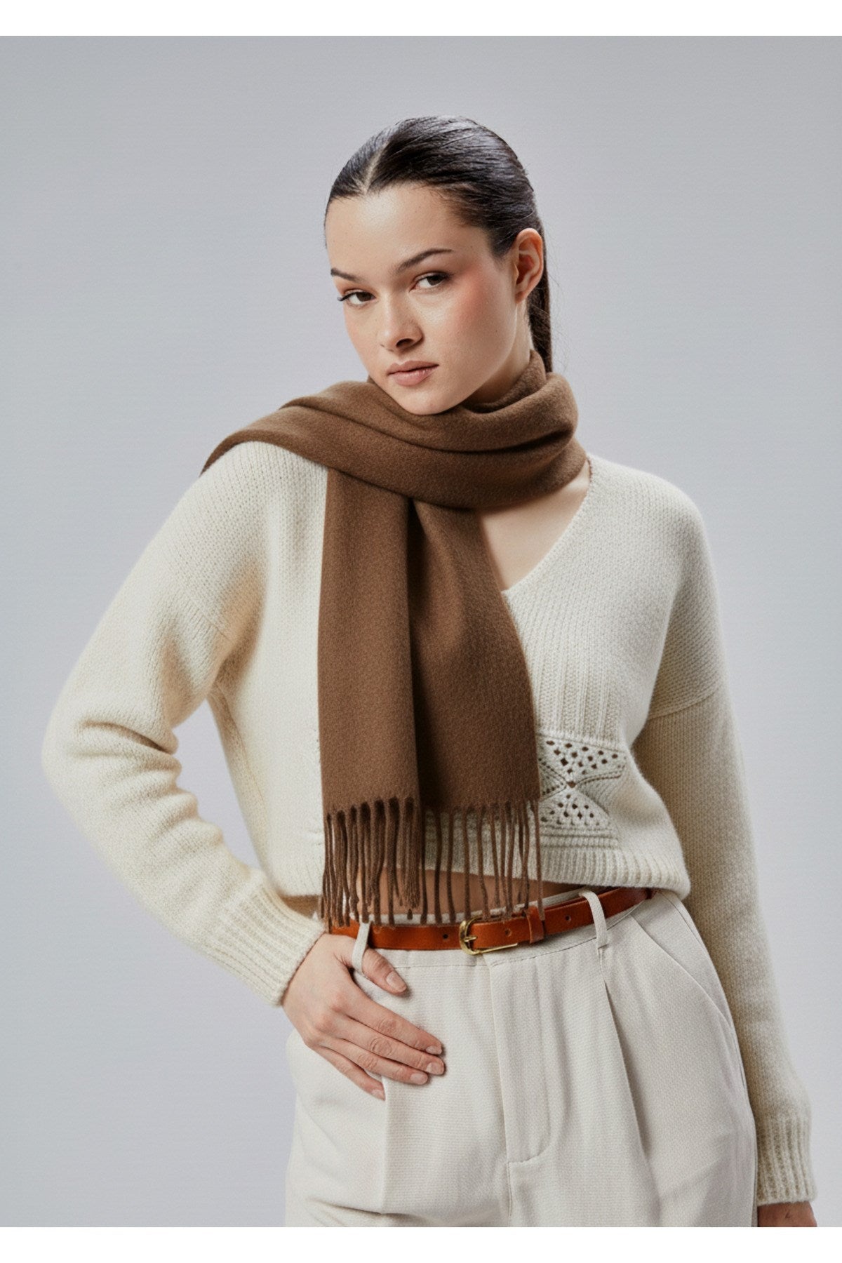 Kadın Yumuşak Dokulu Akrilik Basic Kışlık Şal Kahverengi