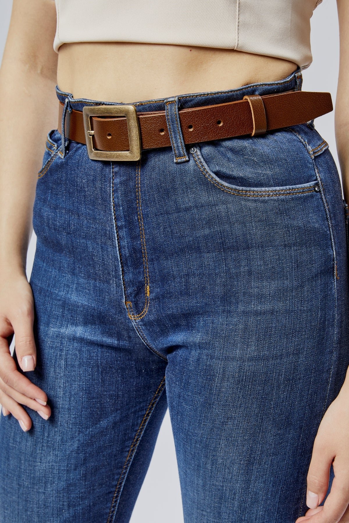 %100 Hakiki Deri Antik Sarı Tokalı Kadın Kemeri 3cm