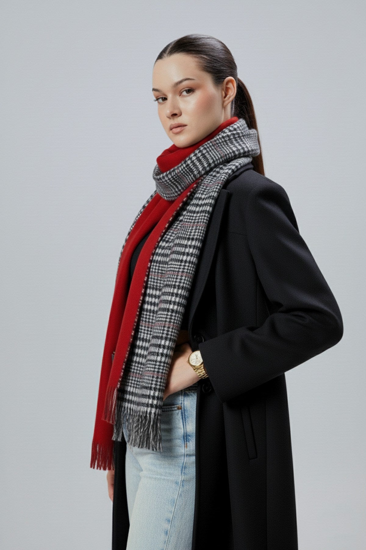 Kadın Yumuşak Dokulu Ekose Model Kışlık Çift Taraflı Şal Atkı
