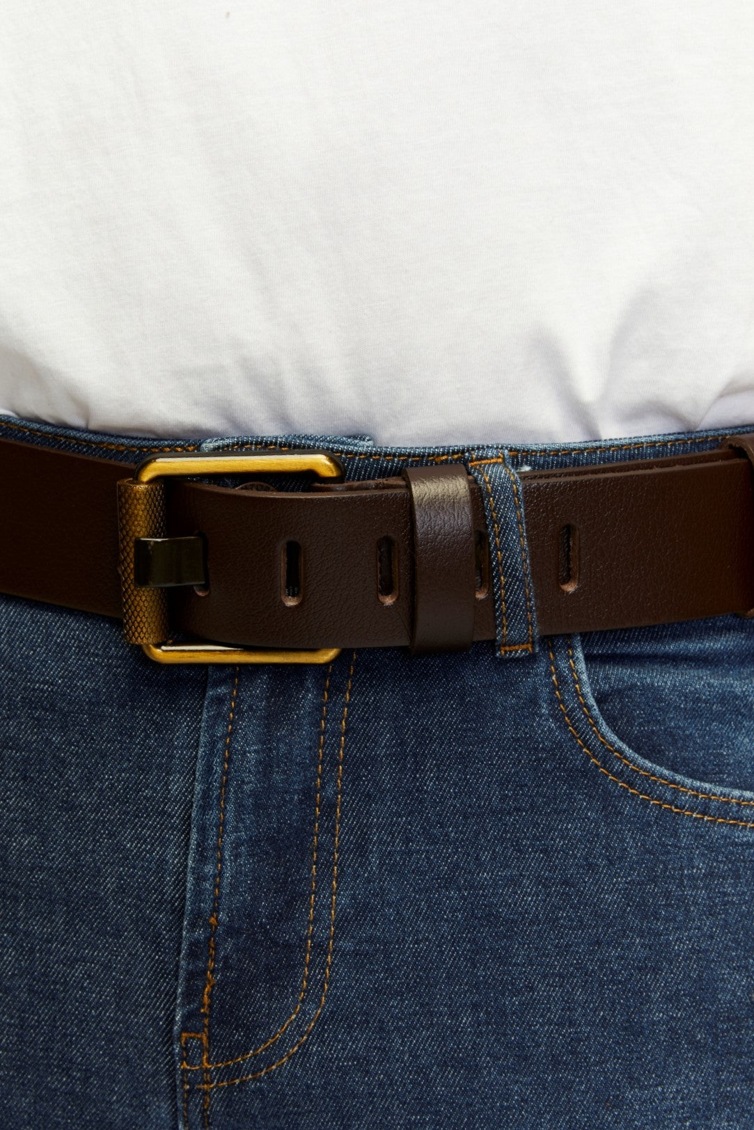 Derikem Erkek %100 Hakiki Deri Sarı Borulu 4,5 Cm Kot Kemeri Kahverengi