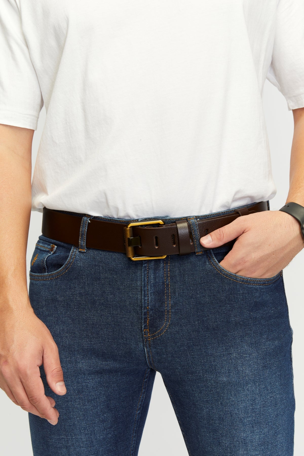 Derikem Erkek %100 Hakiki Deri Sarı Borulu 4,5 Cm Kot Kemeri Kahverengi