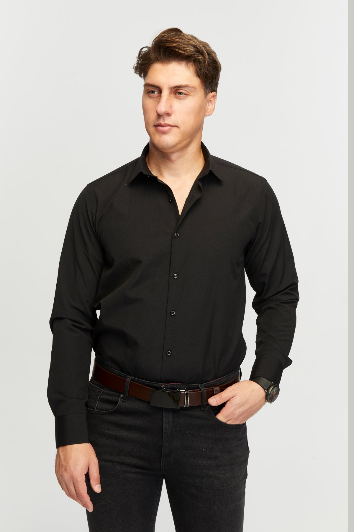 derikem Otomatik Tokalı Deliksiz %100 Hakiki Manda Derisi Klasik Erkek Kemeri Siyah Aynalı