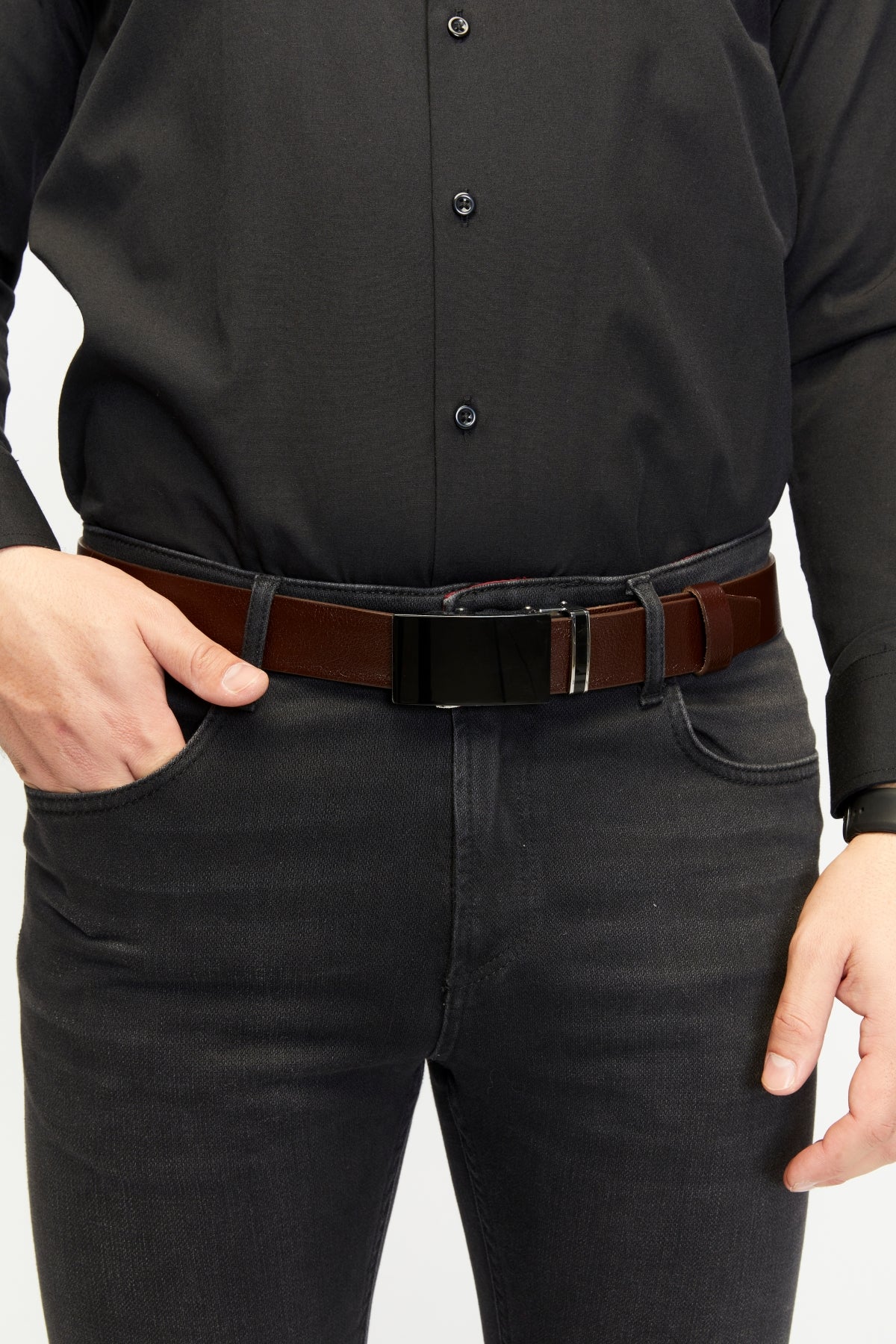 derikem Otomatik Tokalı Deliksiz %100 Hakiki Manda Derisi Klasik Erkek Kemeri Siyah Aynalı