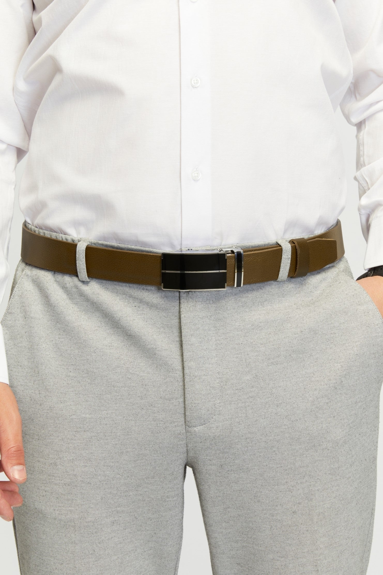 derikem Otomatik Tokalı Deliksiz %100 Hakiki Manda Derisi Klasik Erkek Kemeri Ortadan Çizgili