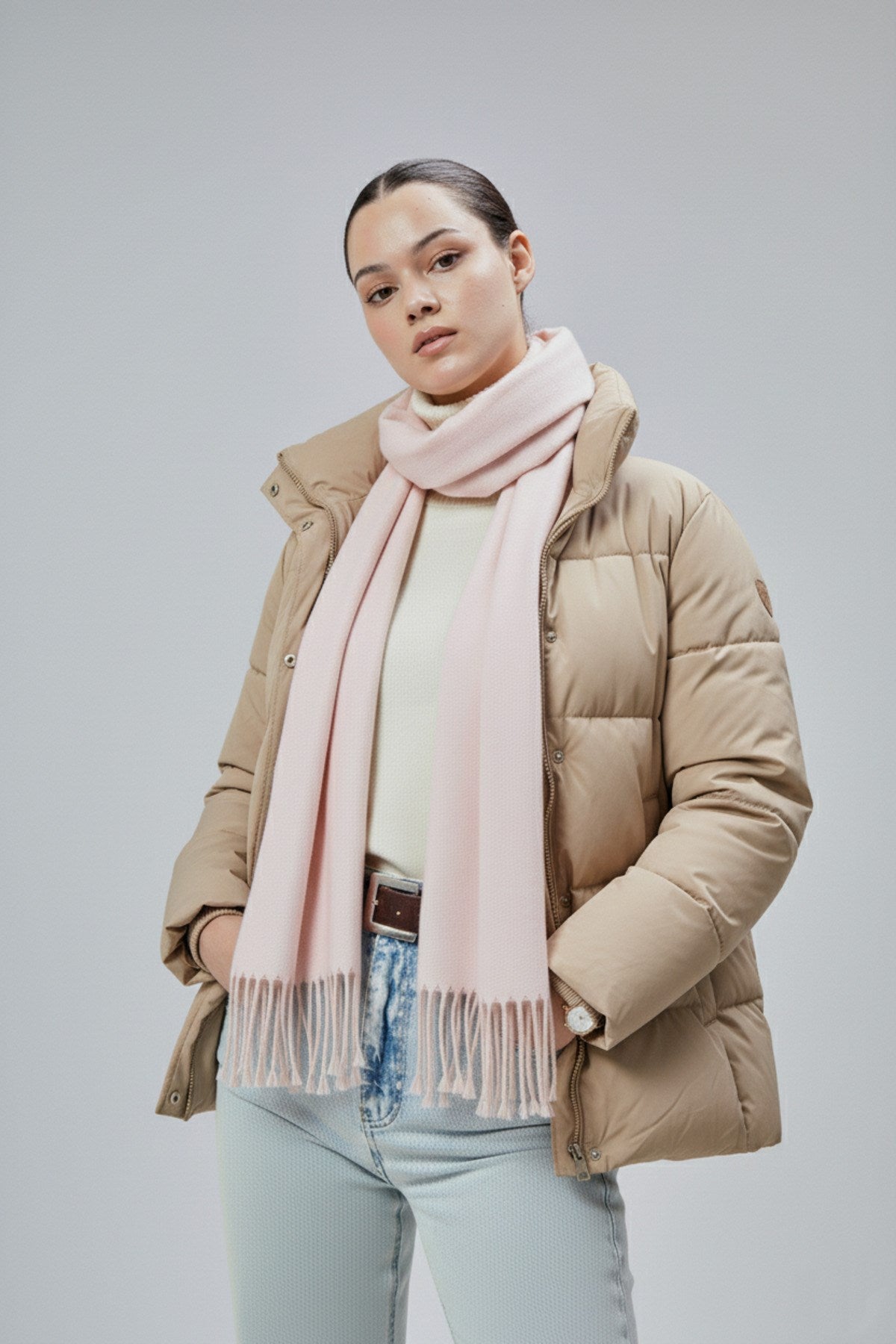 Kadın Yumuşak Dokulu Akrilik Basic Kışlık Şal Pudra