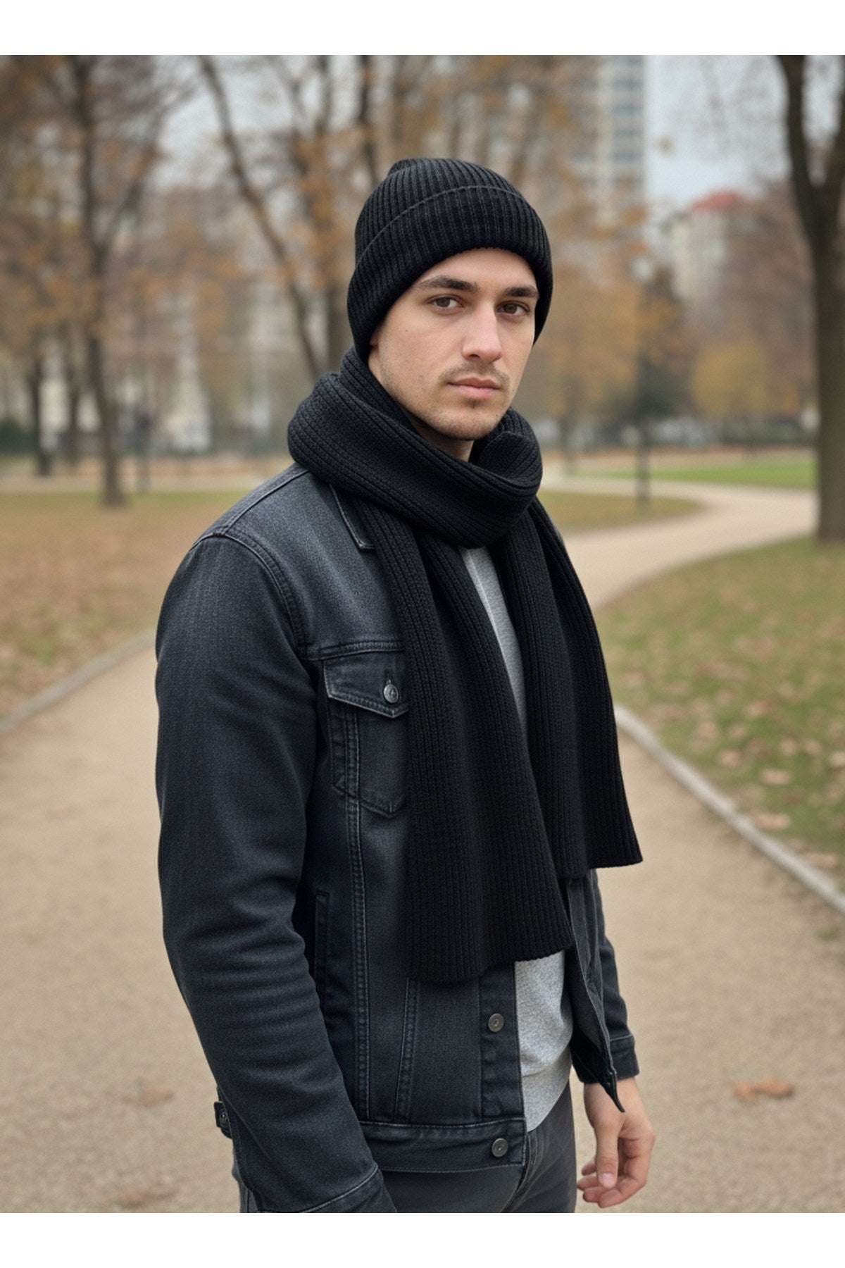 Erkek Yün Kışlık Selanik Örme Bere Atkı İkili Set Takım