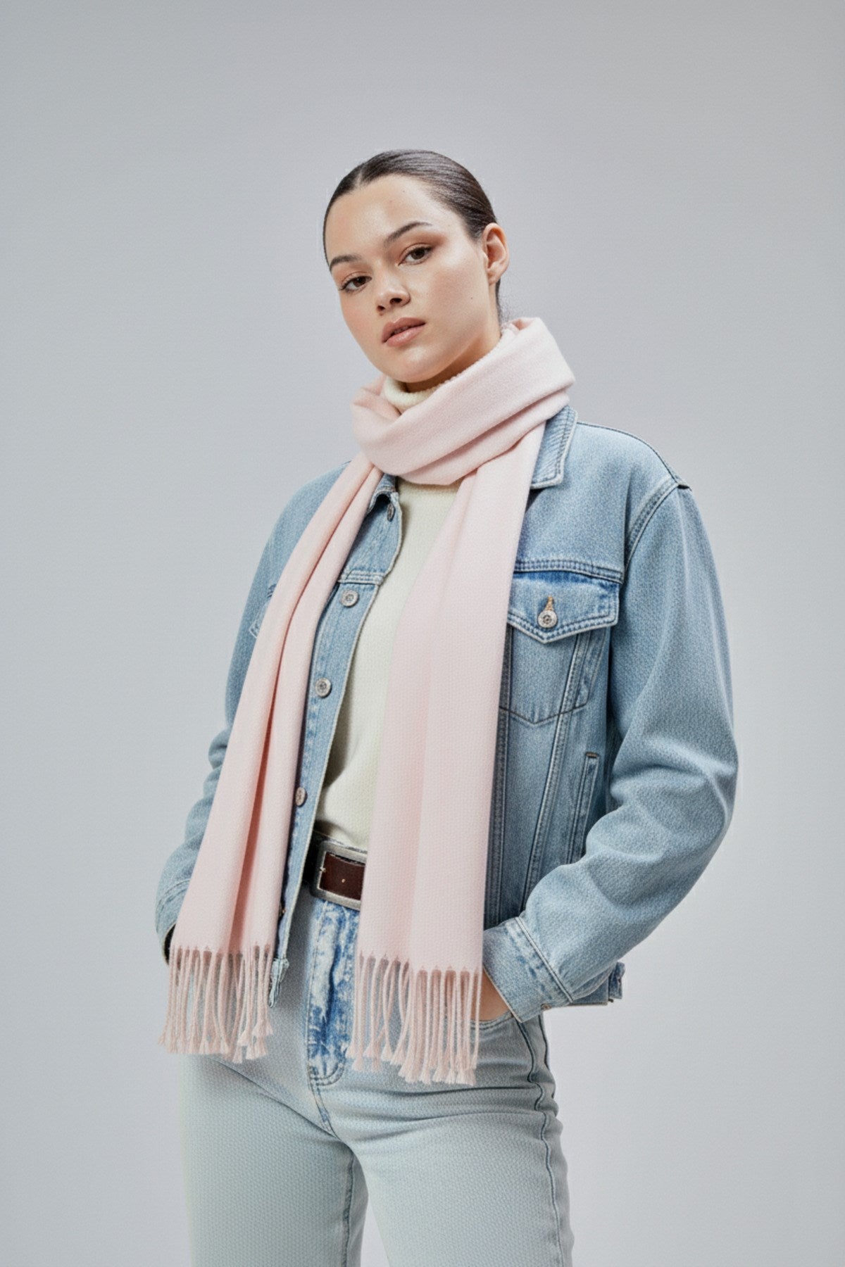 Kadın Yumuşak Dokulu Akrilik Basic Kışlık Şal Pudra