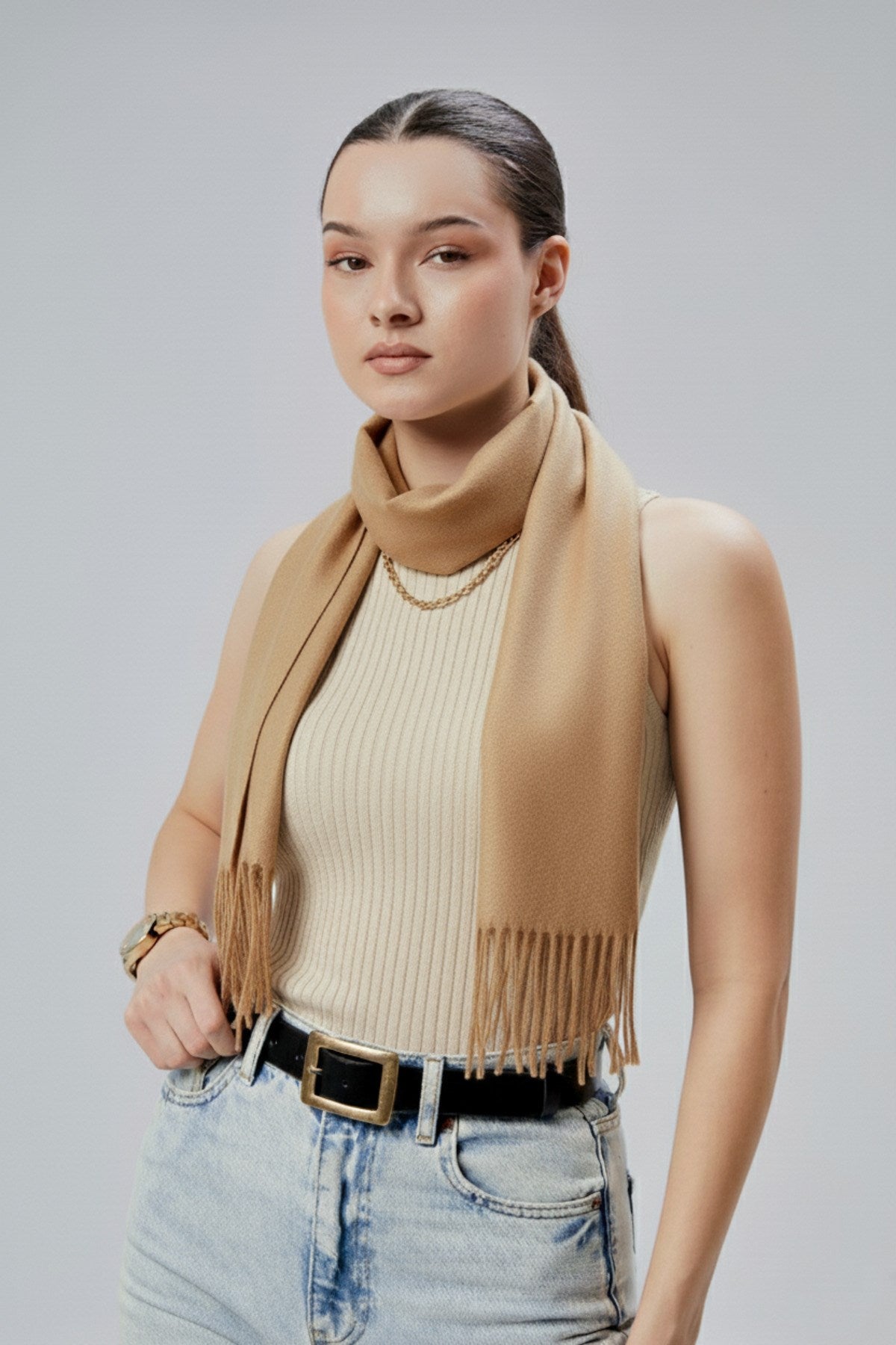 Kadın Yumuşak Dokulu Akrilik Basic Kışlık Şal Bej