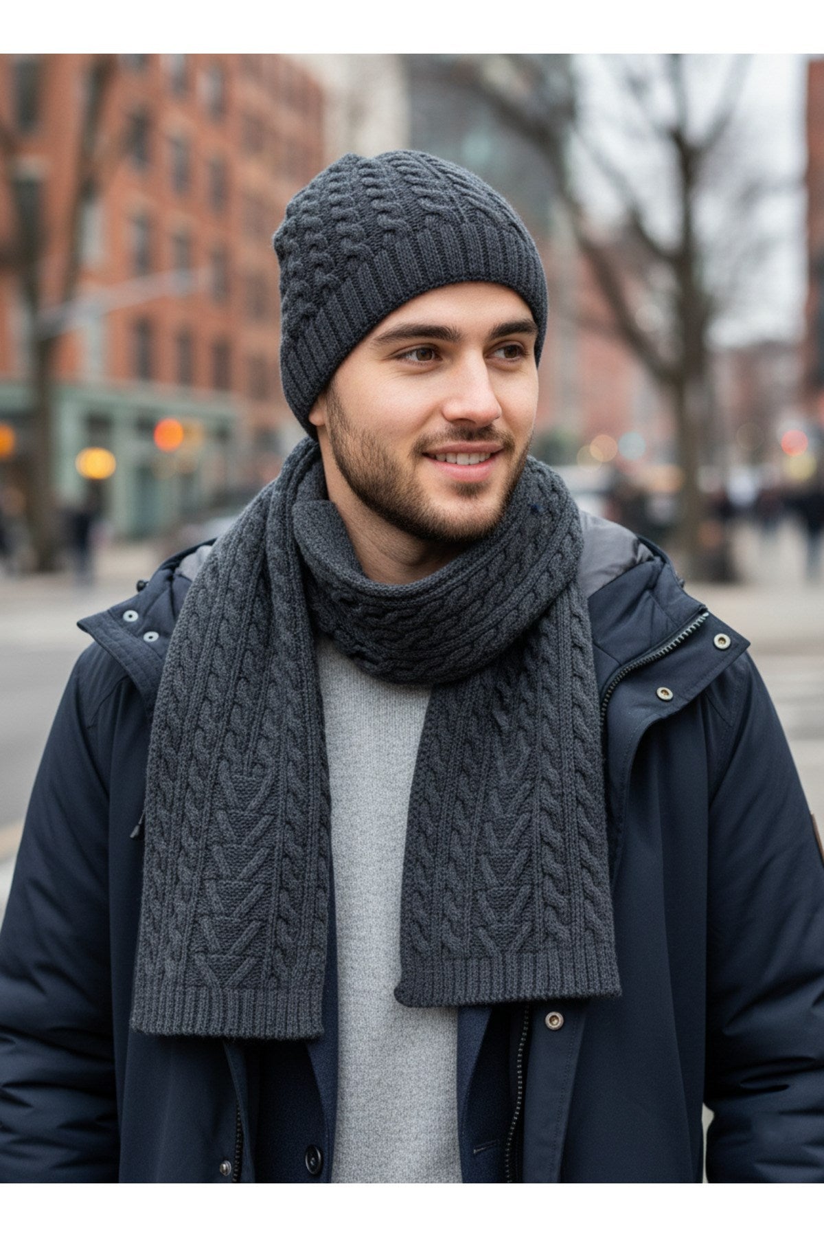 Erkek Yün Kışlık Örme Bere Atkı İkili Set Takım