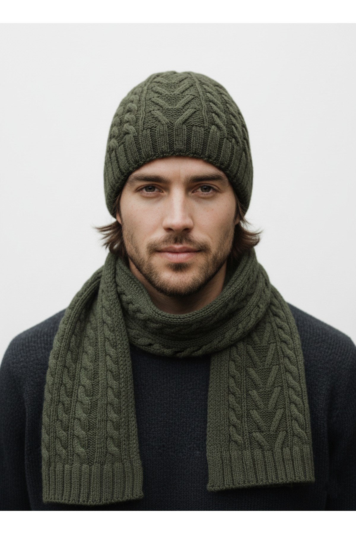 Erkek Yün Kışlık Örme Bere Atkı İkili Set Takım