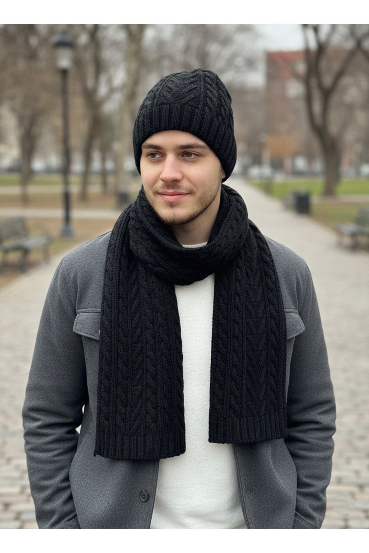 Erkek Yün Kışlık Örme Bere Atkı İkili Set Takım