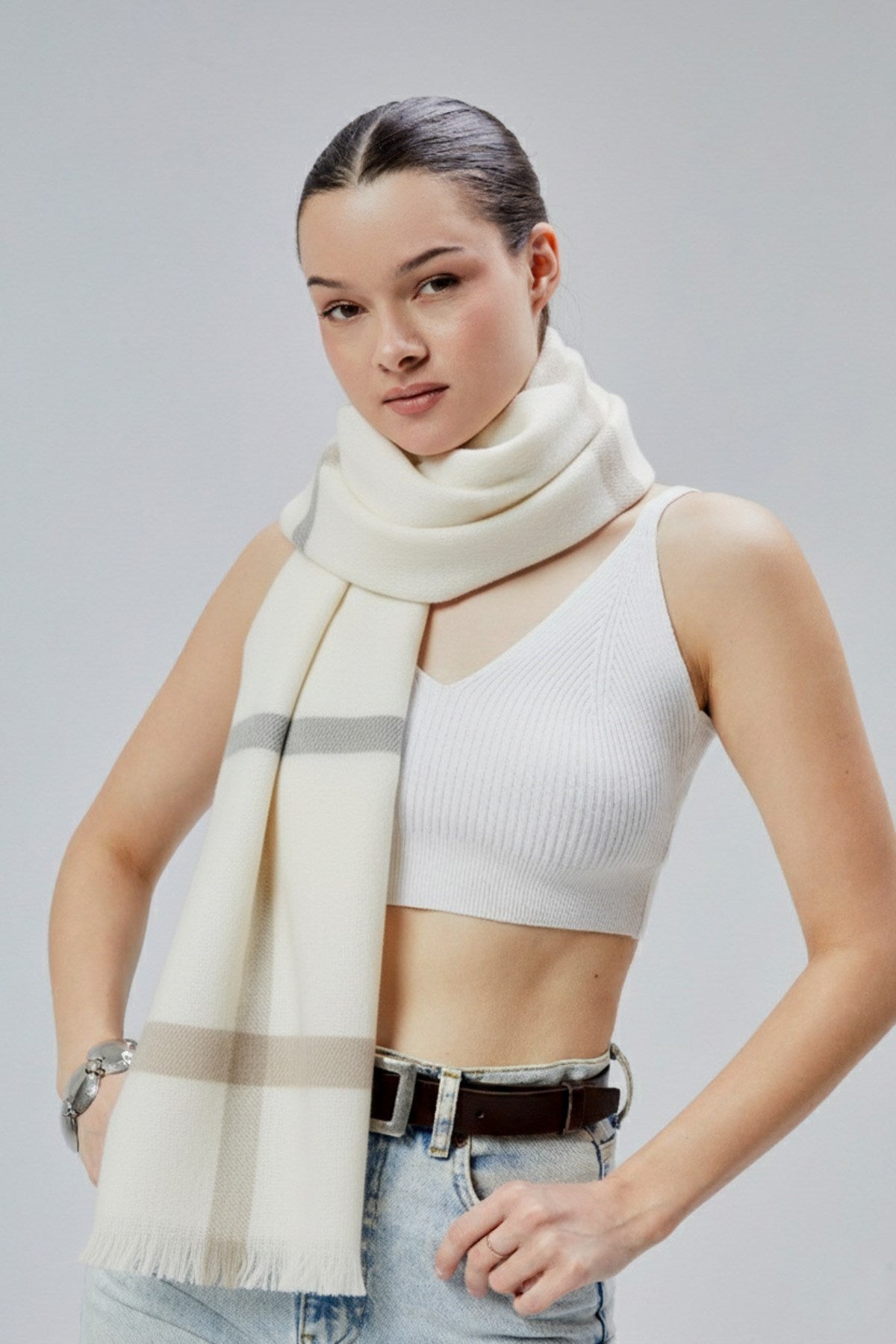 Kadın Yumuşak Dokulu Akrilik Basic Çizgili Kışlık Şal