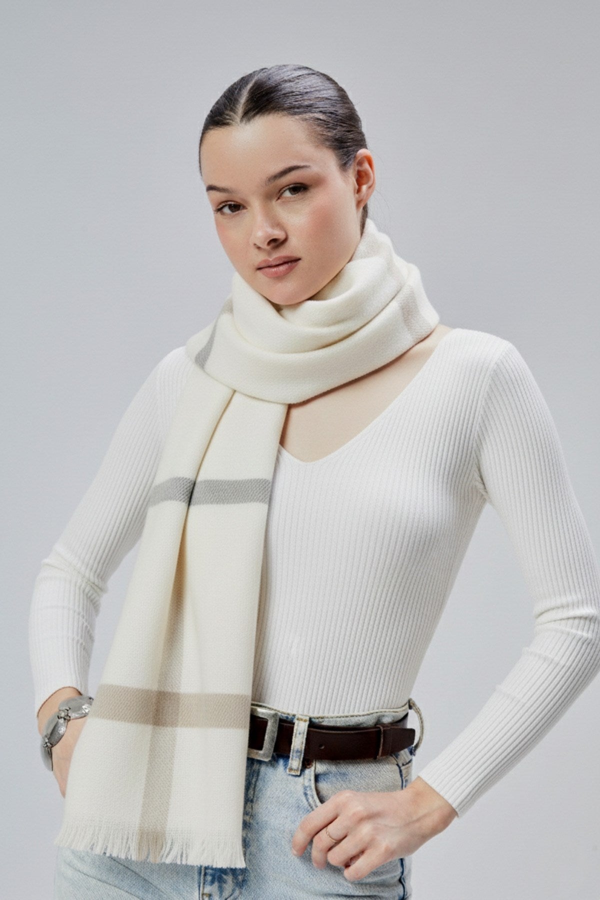 Kadın Yumuşak Dokulu Akrilik Basic Çizgili Kışlık Şal