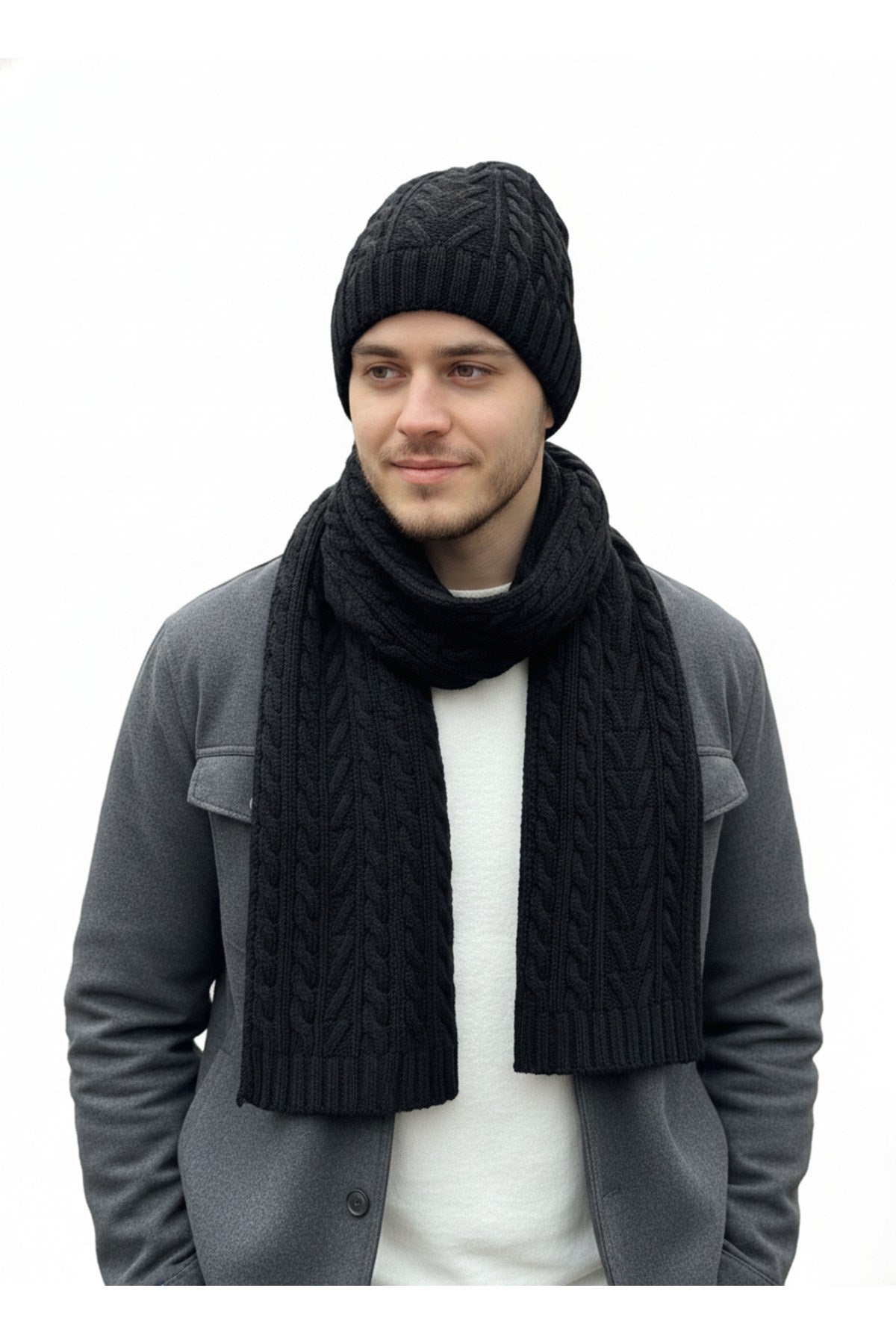 Erkek Yün Kışlık Örme Bere Atkı İkili Set Takım