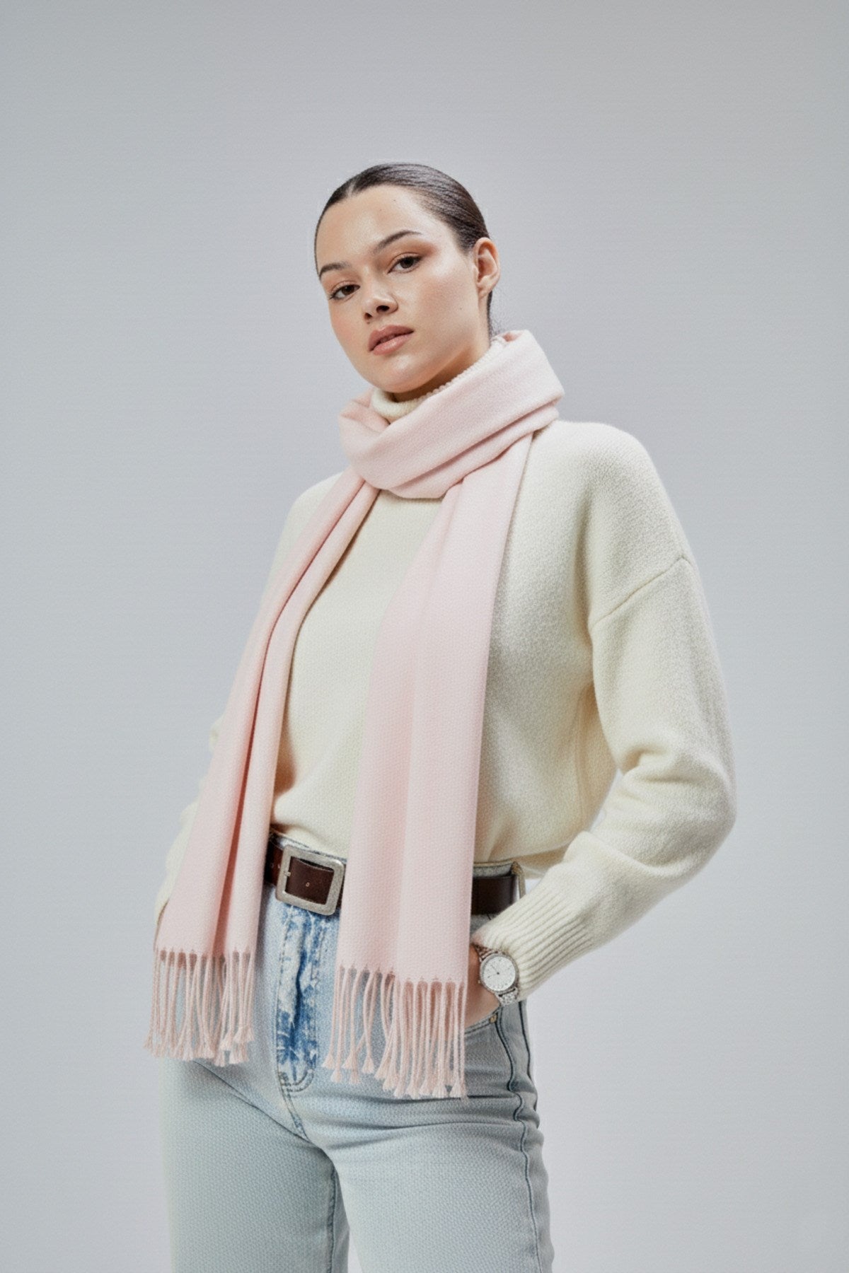 Kadın Yumuşak Dokulu Akrilik Basic Kışlık Şal Pudra