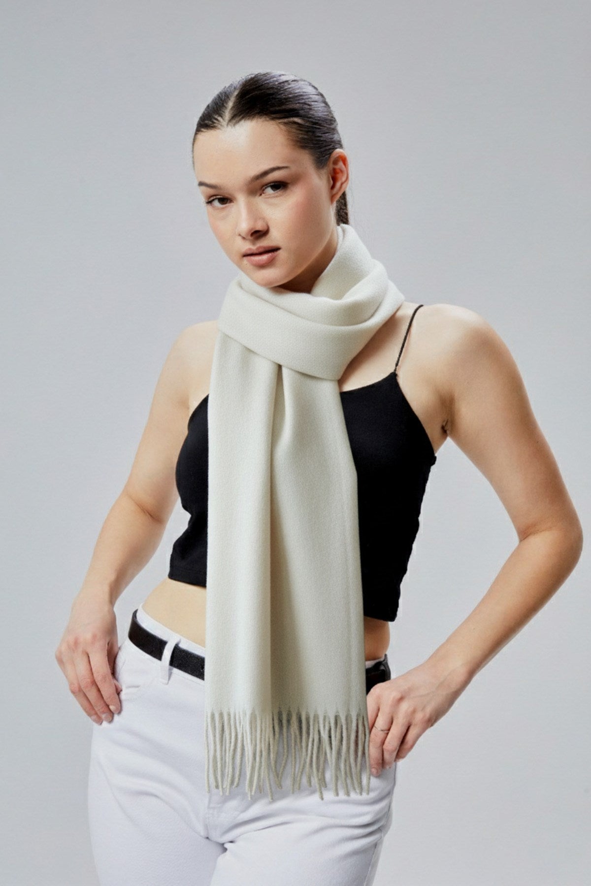 Kadın Yumuşak Dokulu Akrilik Basic Kışlık Şal Ekru