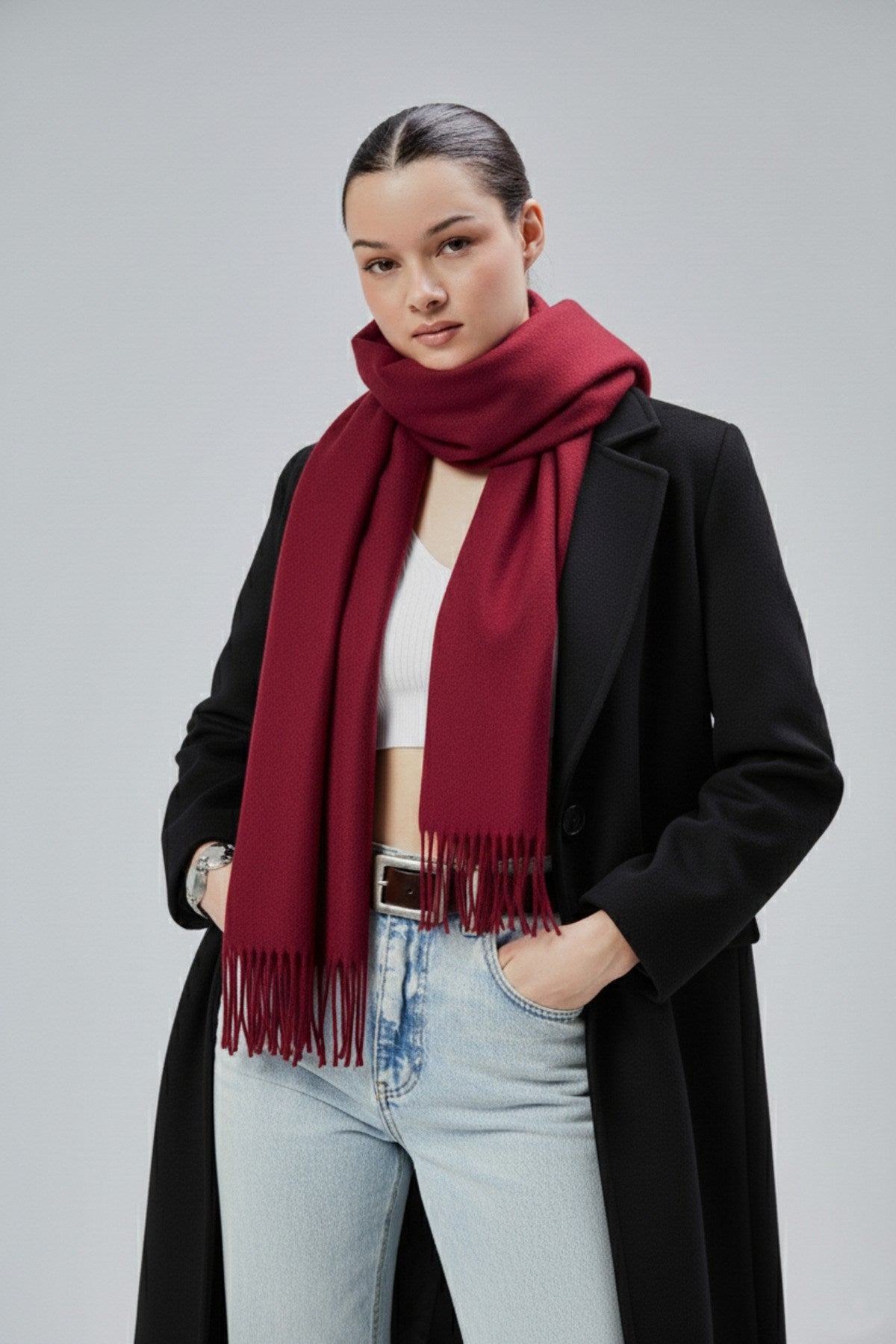 Kadın Yumuşak Dokulu Akrilik Basic Kışlık Şal Bordo