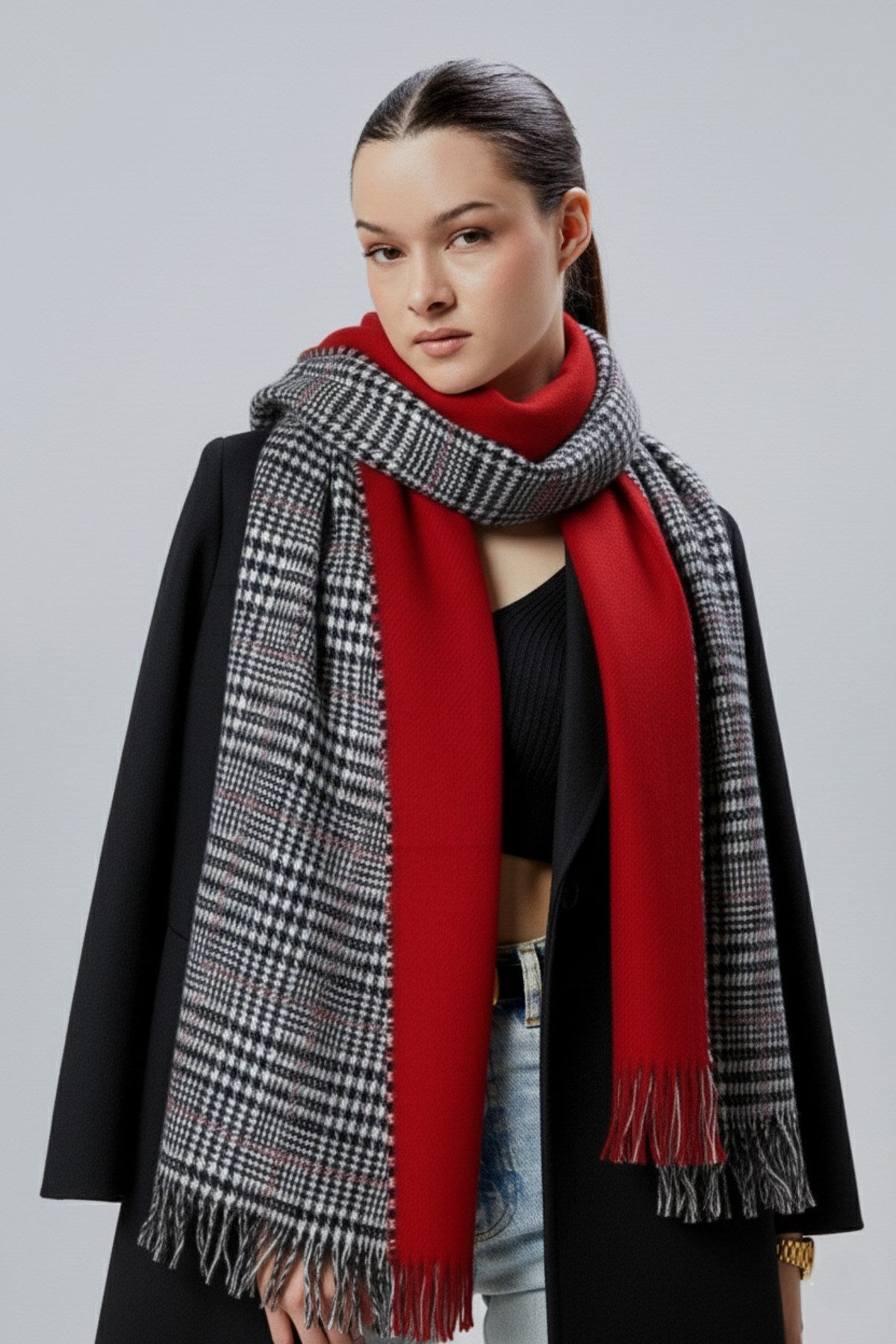 Kadın Yumuşak Dokulu Ekose Model Kışlık Çift Taraflı Şal Atkı