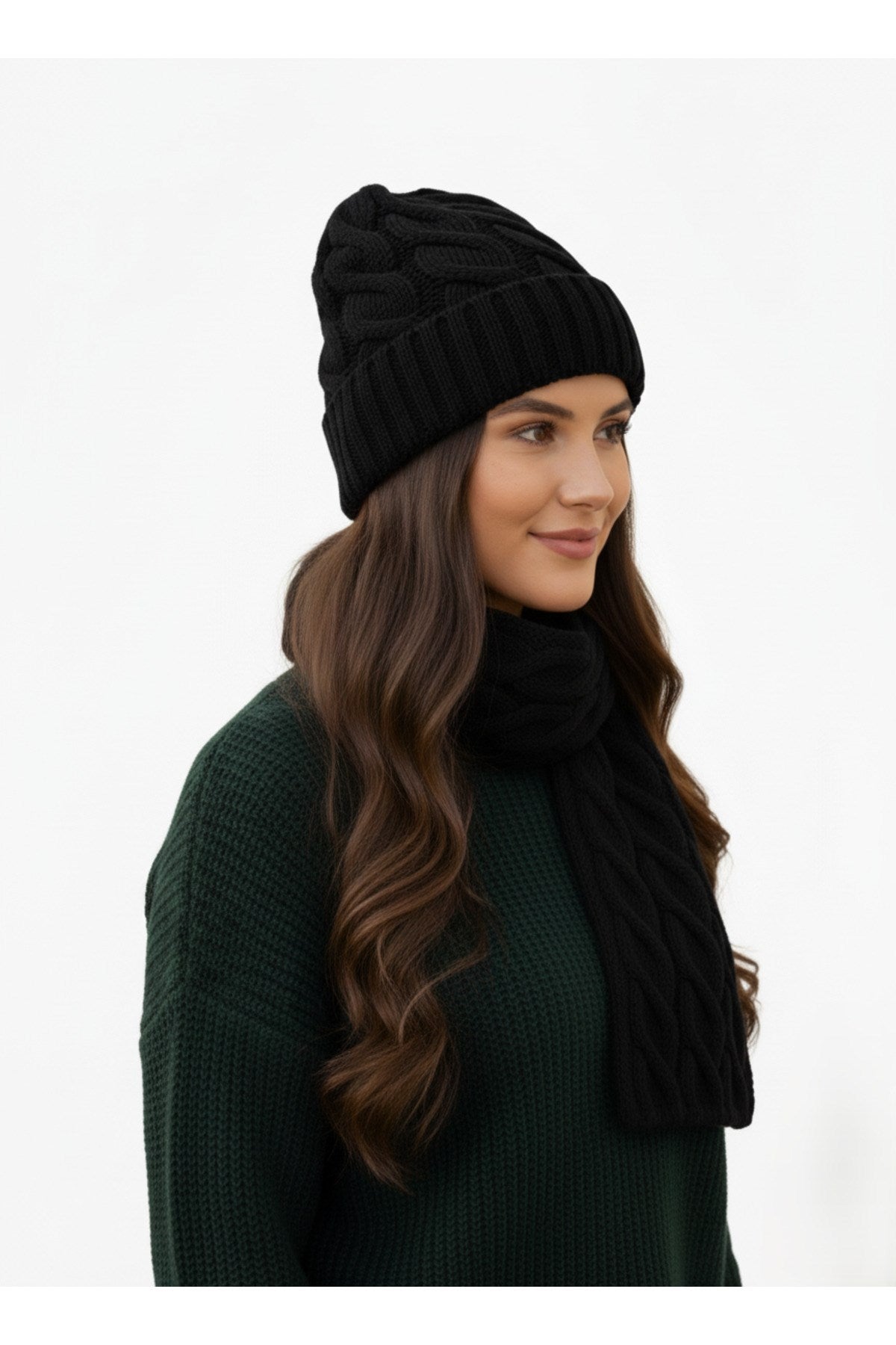 Kadın Yün Kışlık Şık Örme Bere ve Atkı İkili Set Takım