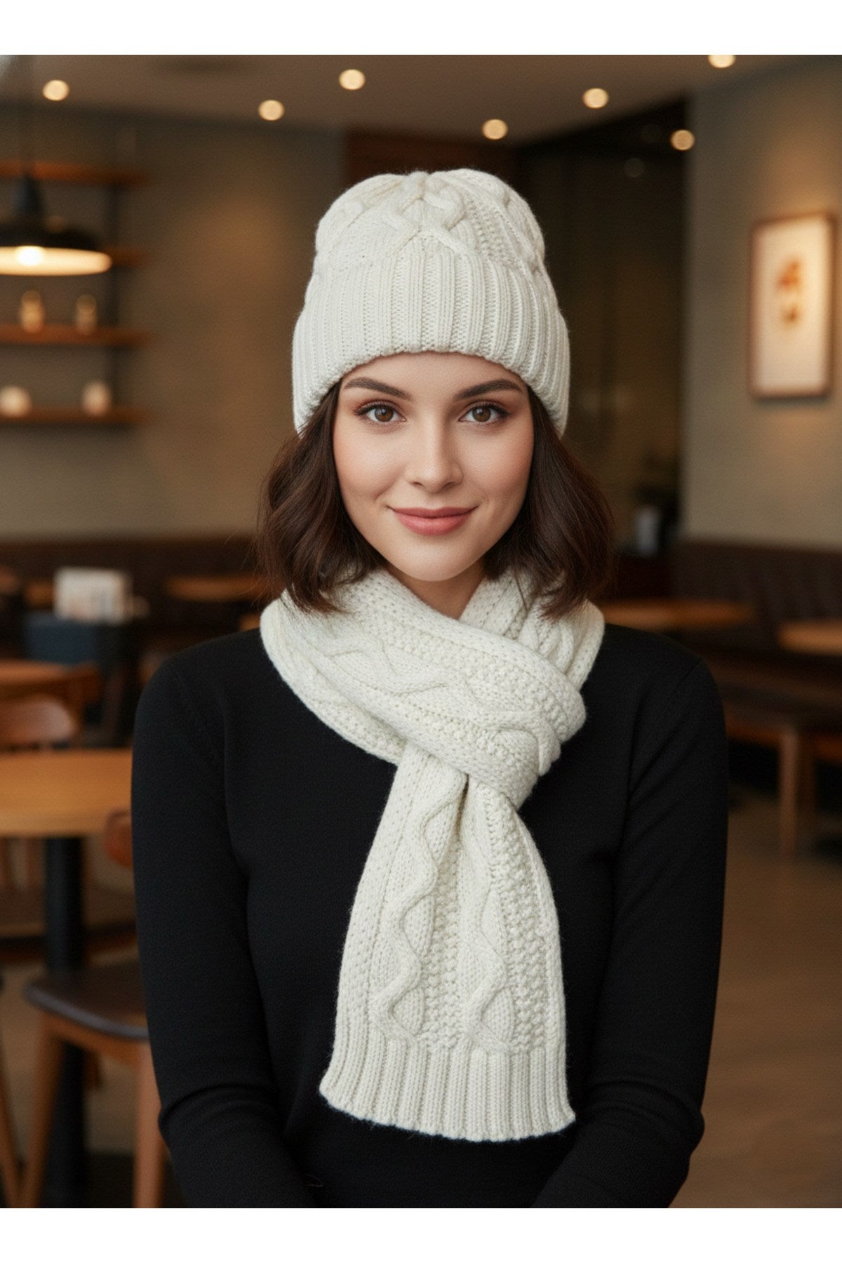 Kadın Yün Kışlık Şık Örme Bere ve Atkı İkili Set Takım