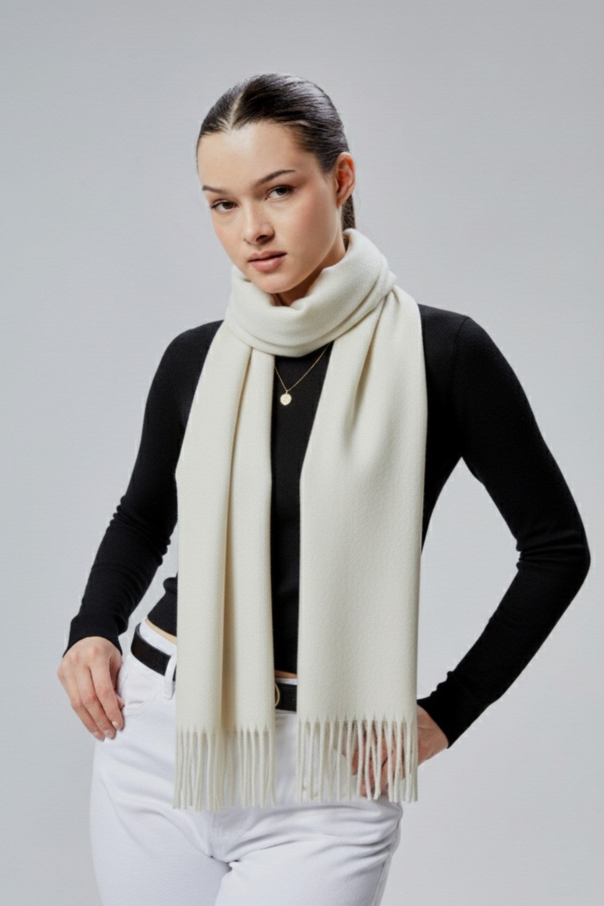 Kadın Yumuşak Dokulu Akrilik Basic Kışlık Şal Ekru