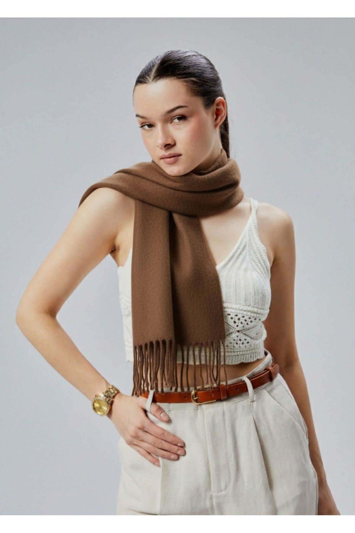 Kadın Yumuşak Dokulu Akrilik Basic Kışlık Şal Kahverengi