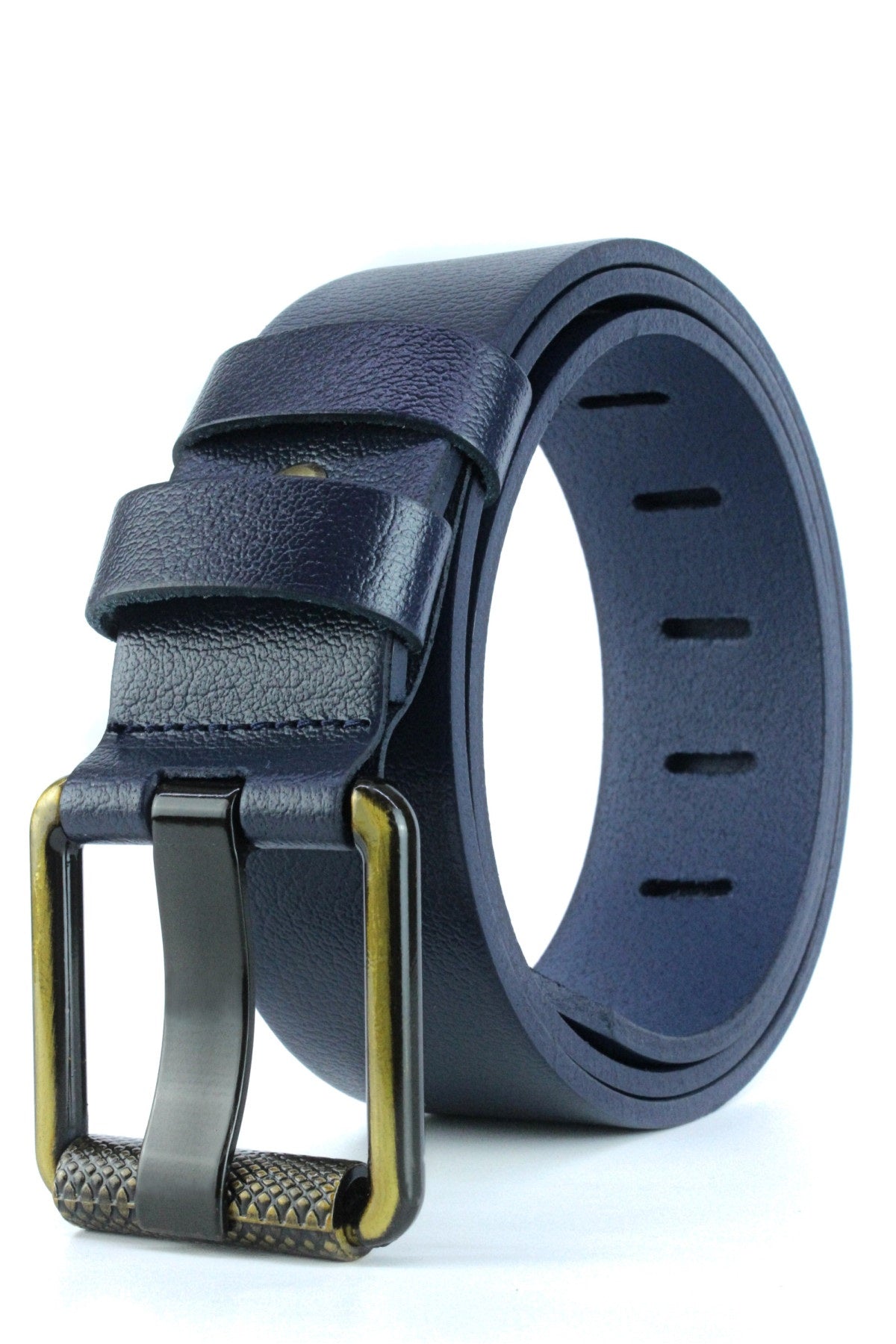 Derikem Erkek %100 Hakiki Deri Sarı Borulu 4,5 Cm Kot Kemeri Lacivert