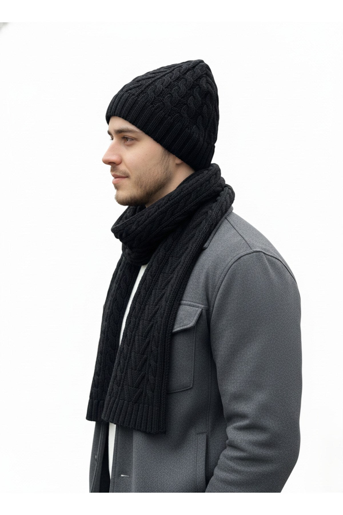 Erkek Yün Kışlık Örme Bere Atkı İkili Set Takım