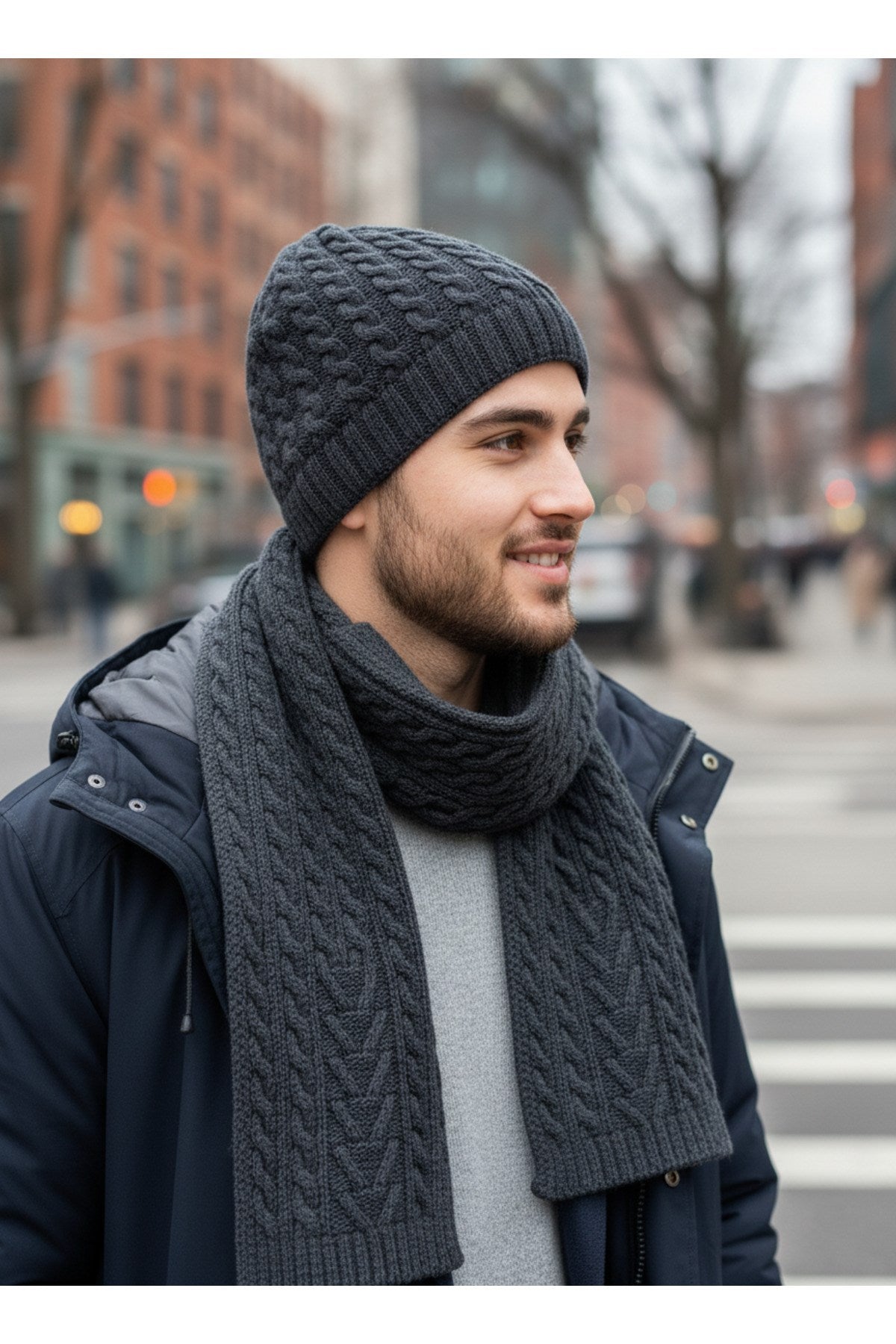 Erkek Yün Kışlık Örme Bere Atkı İkili Set Takım