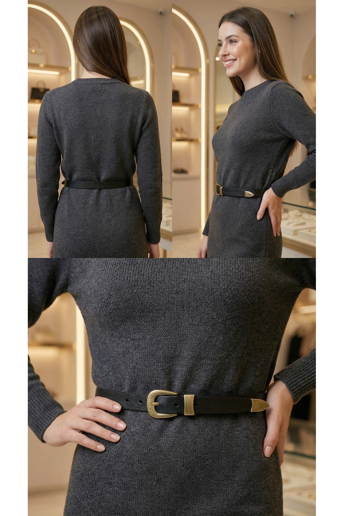 Hakiki Deri Kadın Kemeri – Antik Sarı Tokalı, Köprü ve Metal Uç Detaylı 2cm