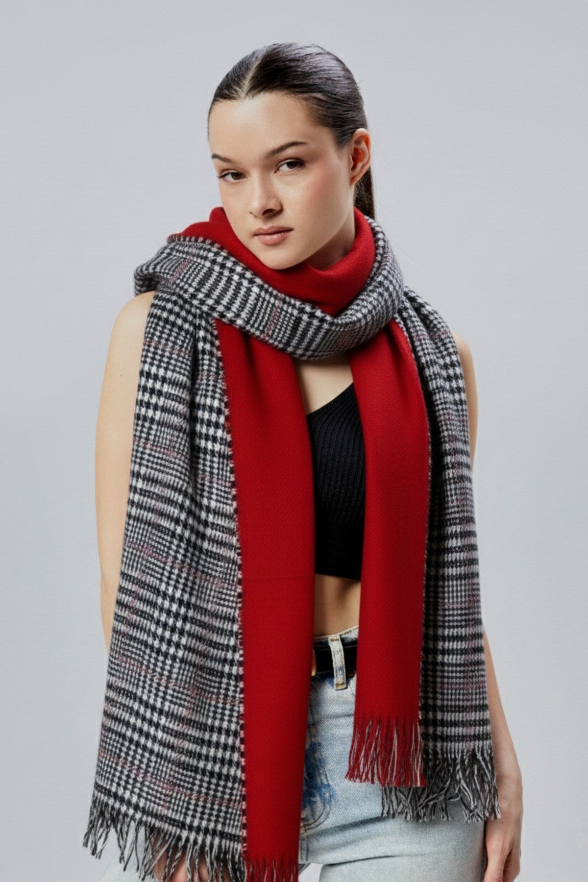 Kadın Yumuşak Dokulu Ekose Model Kışlık Çift Taraflı Şal Atkı