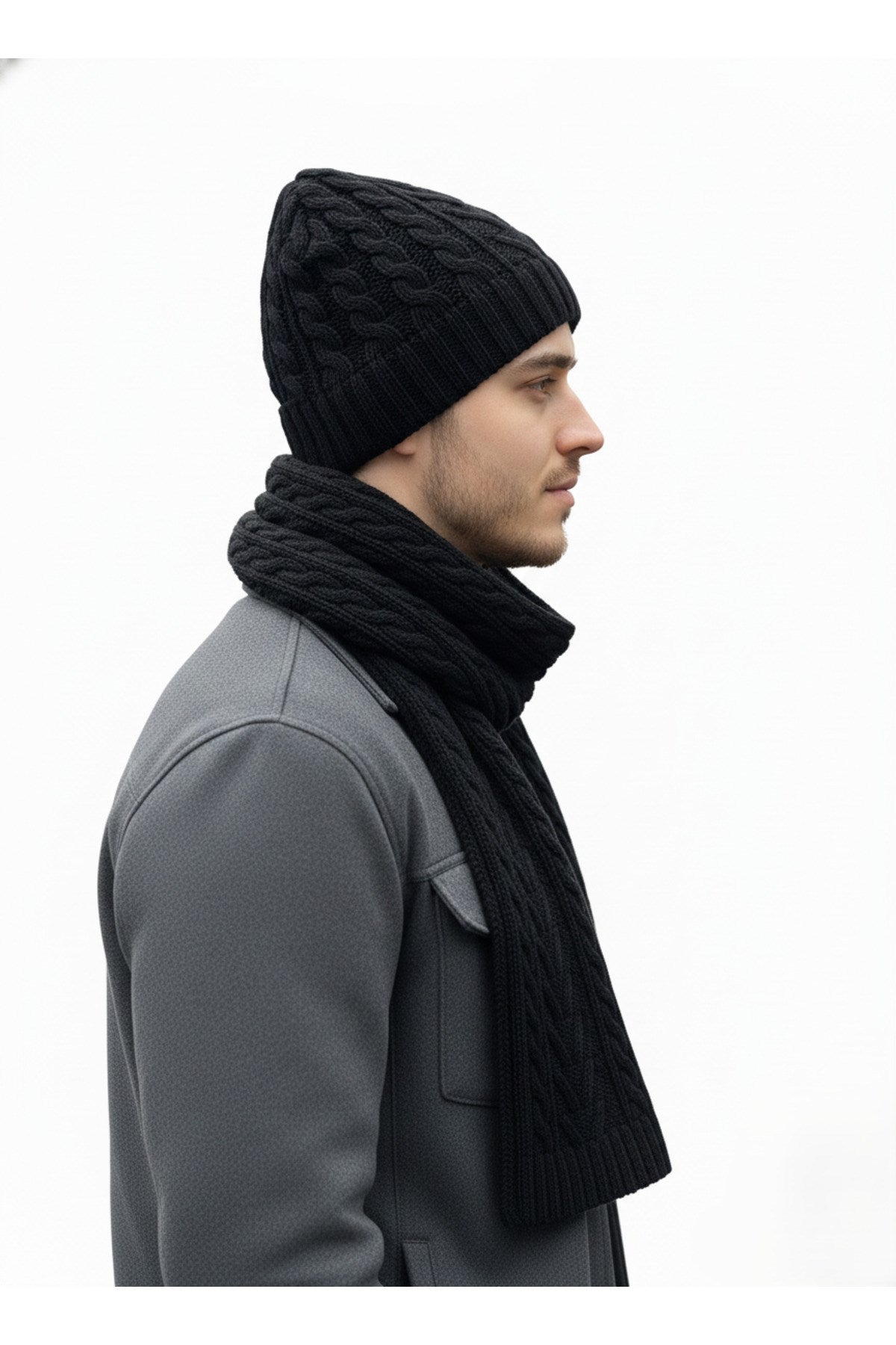 Erkek Yün Kışlık Örme Bere Atkı İkili Set Takım