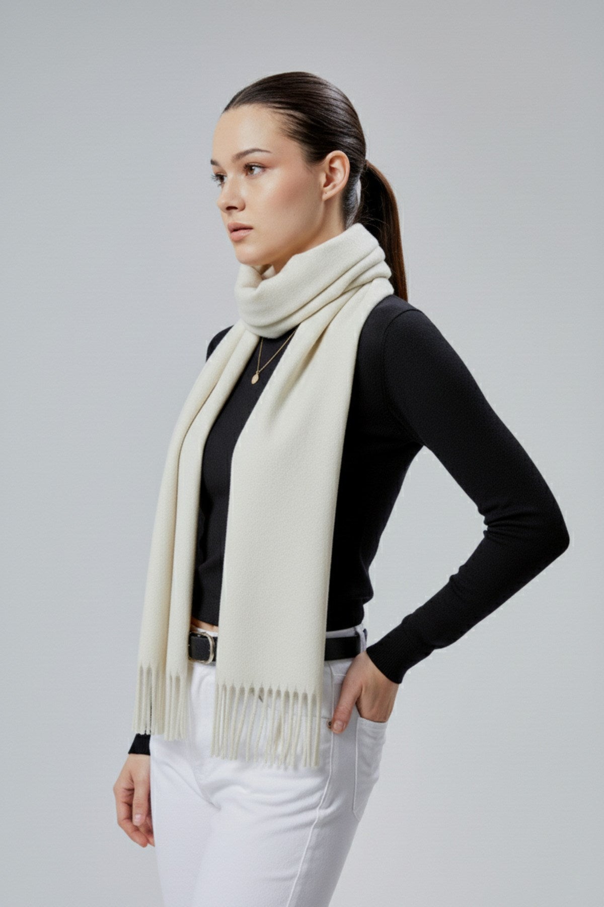 Kadın Yumuşak Dokulu Akrilik Basic Kışlık Şal Ekru