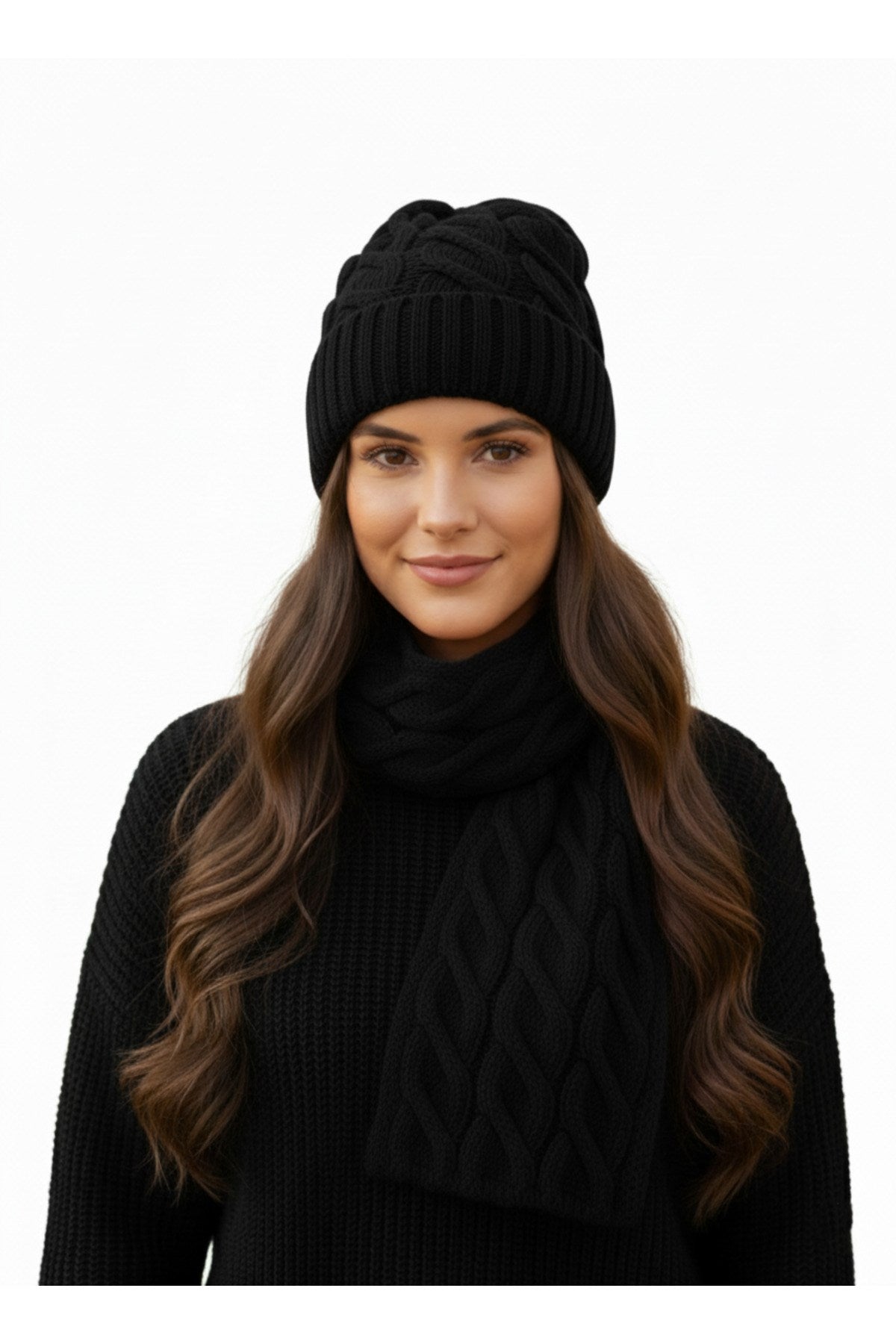 Kadın Yün Kışlık Şık Örme Bere ve Atkı İkili Set Takım