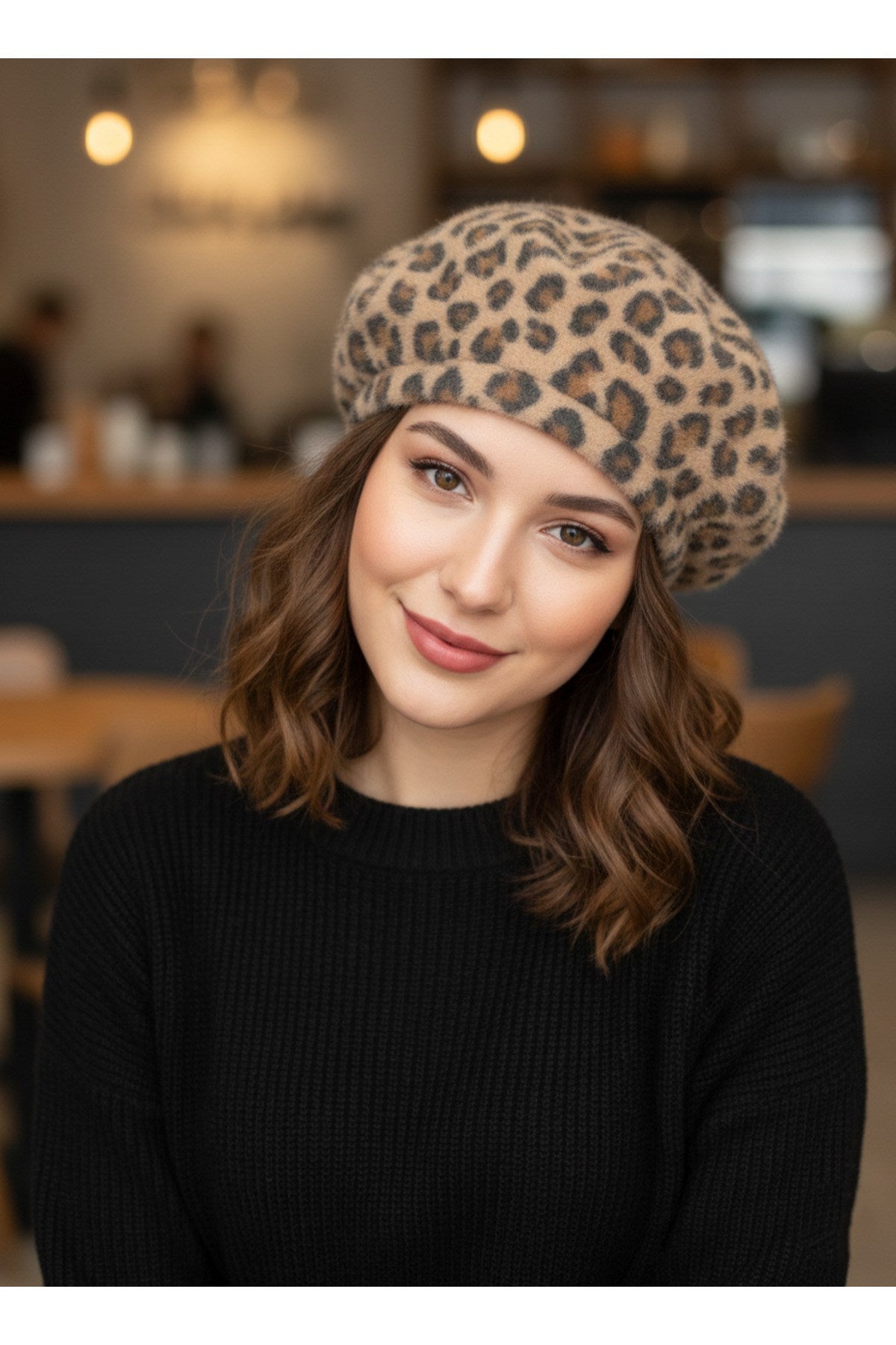 Leopar Fransız Tüylü Peluş Ressam Bere Kadın Şapka