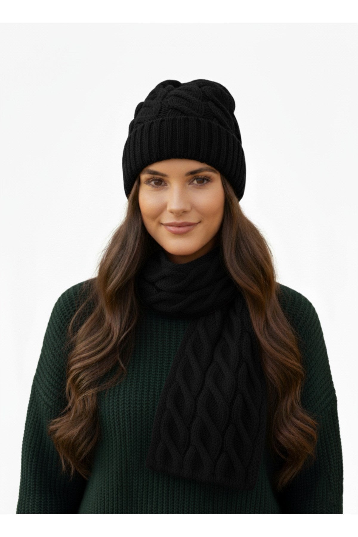 Kadın Yün Kışlık Şık Örme Bere ve Atkı İkili Set Takım