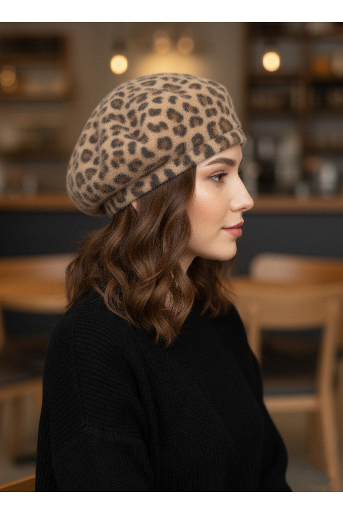 Leopar Fransız Tüylü Peluş Ressam Bere Kadın Şapka