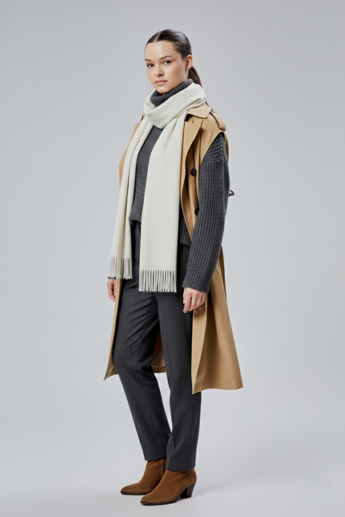 Kadın Yumuşak Dokulu Akrilik Basic Kışlık Şal Ekru