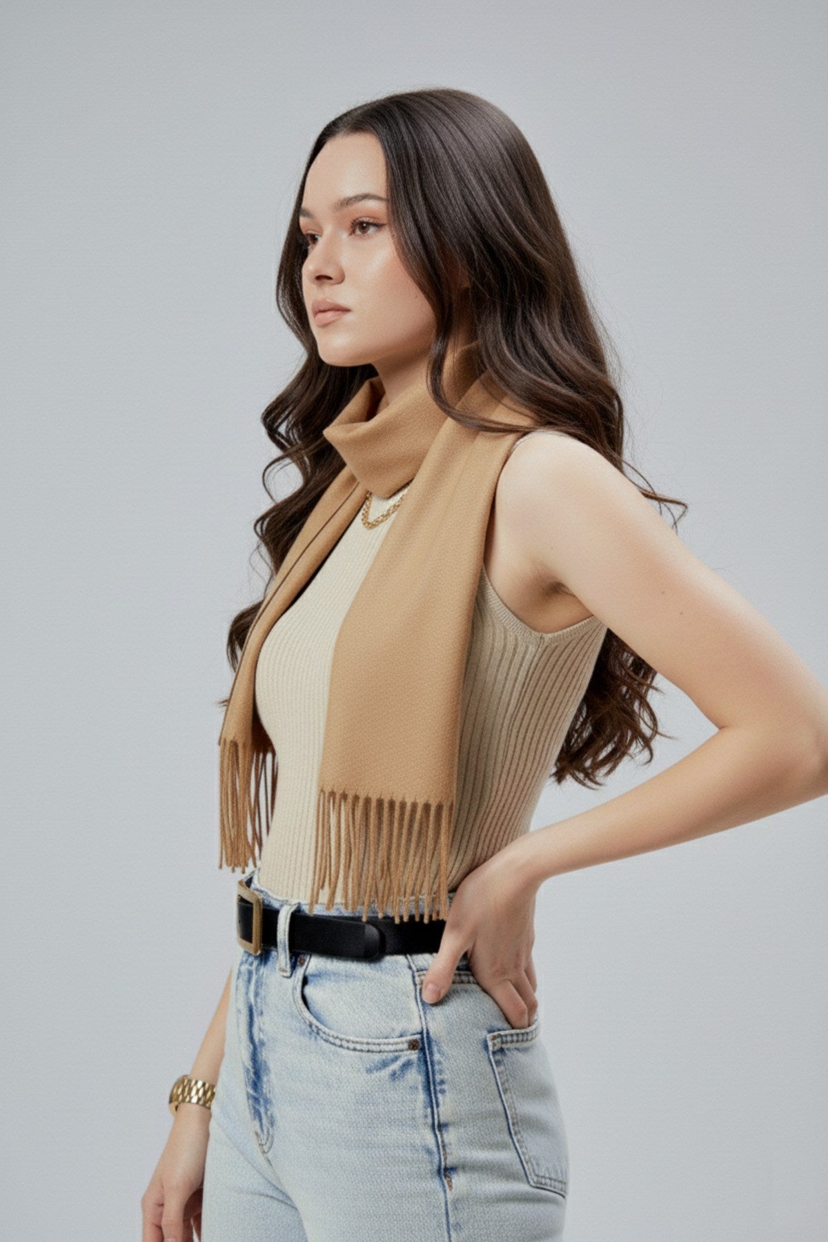 Kadın Yumuşak Dokulu Akrilik Basic Kışlık Şal Bej