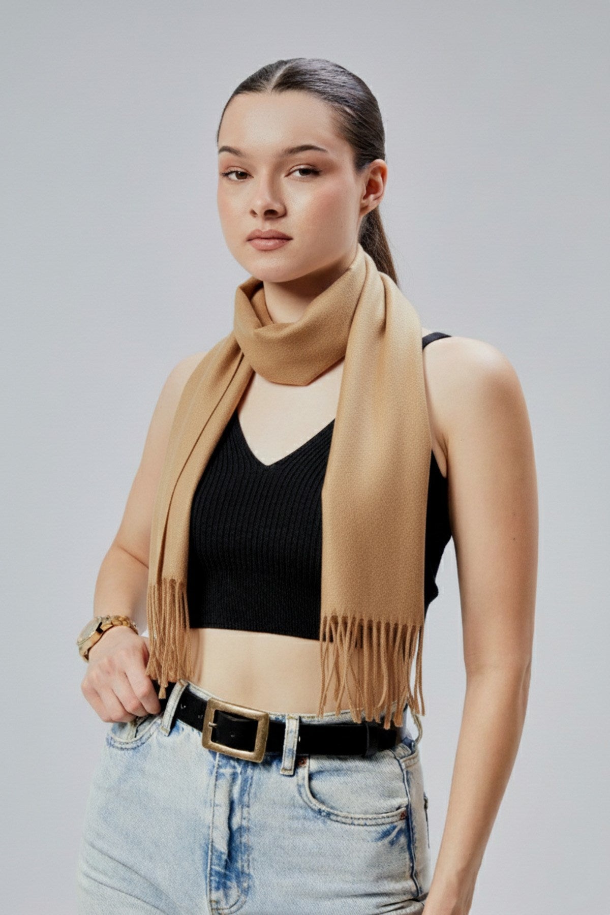 Kadın Yumuşak Dokulu Akrilik Basic Kışlık Şal Bej