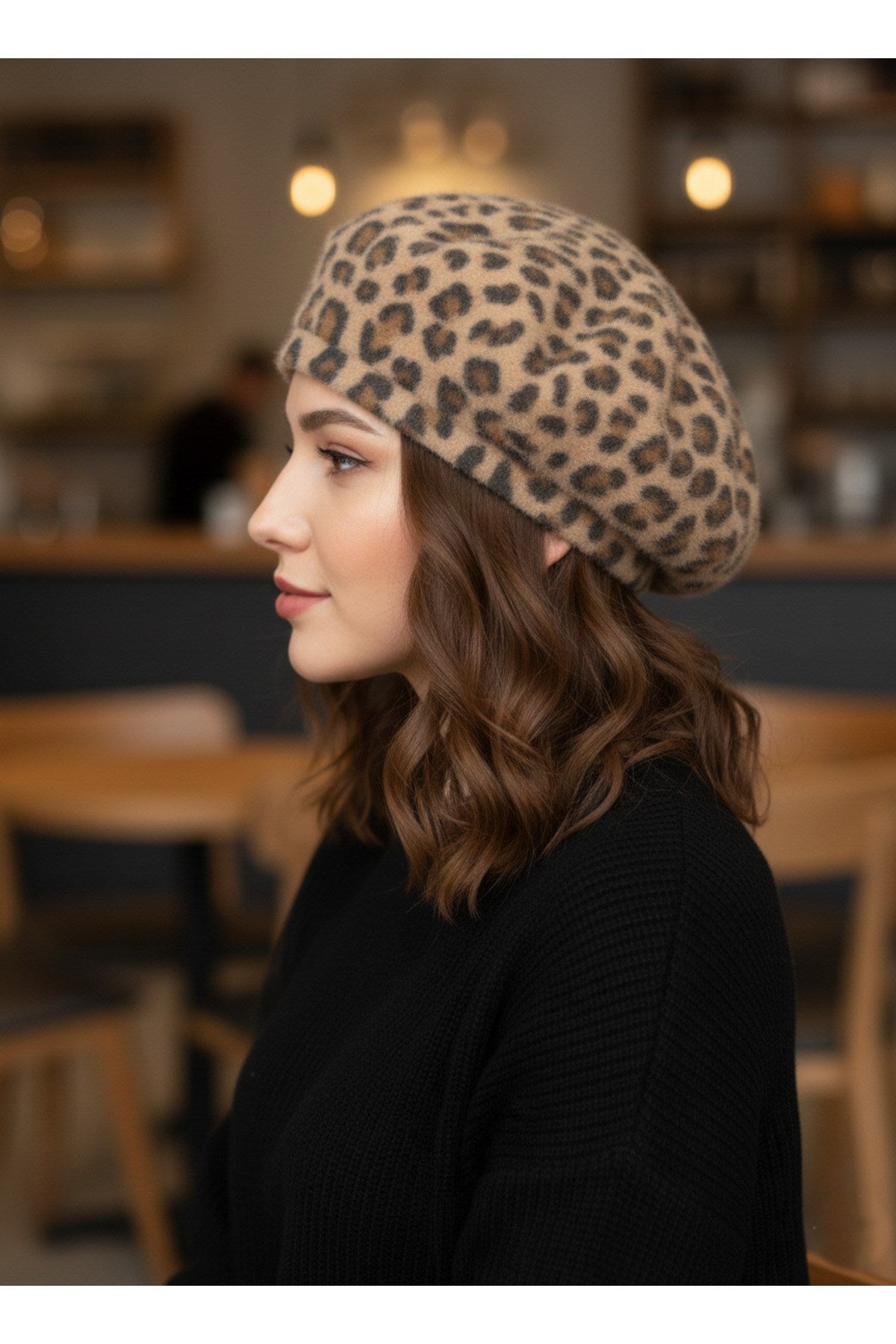 Leopar Fransız Tüylü Peluş Ressam Bere Kadın Şapka