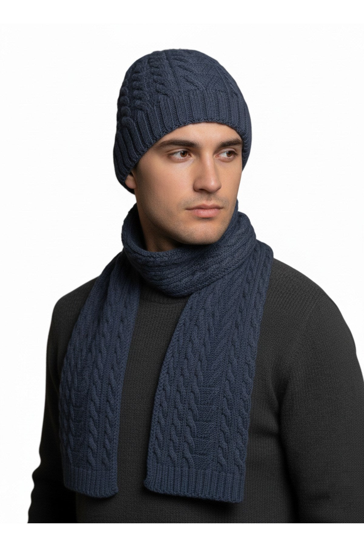 Erkek Yün Kışlık Örme Bere Atkı İkili Set Takım