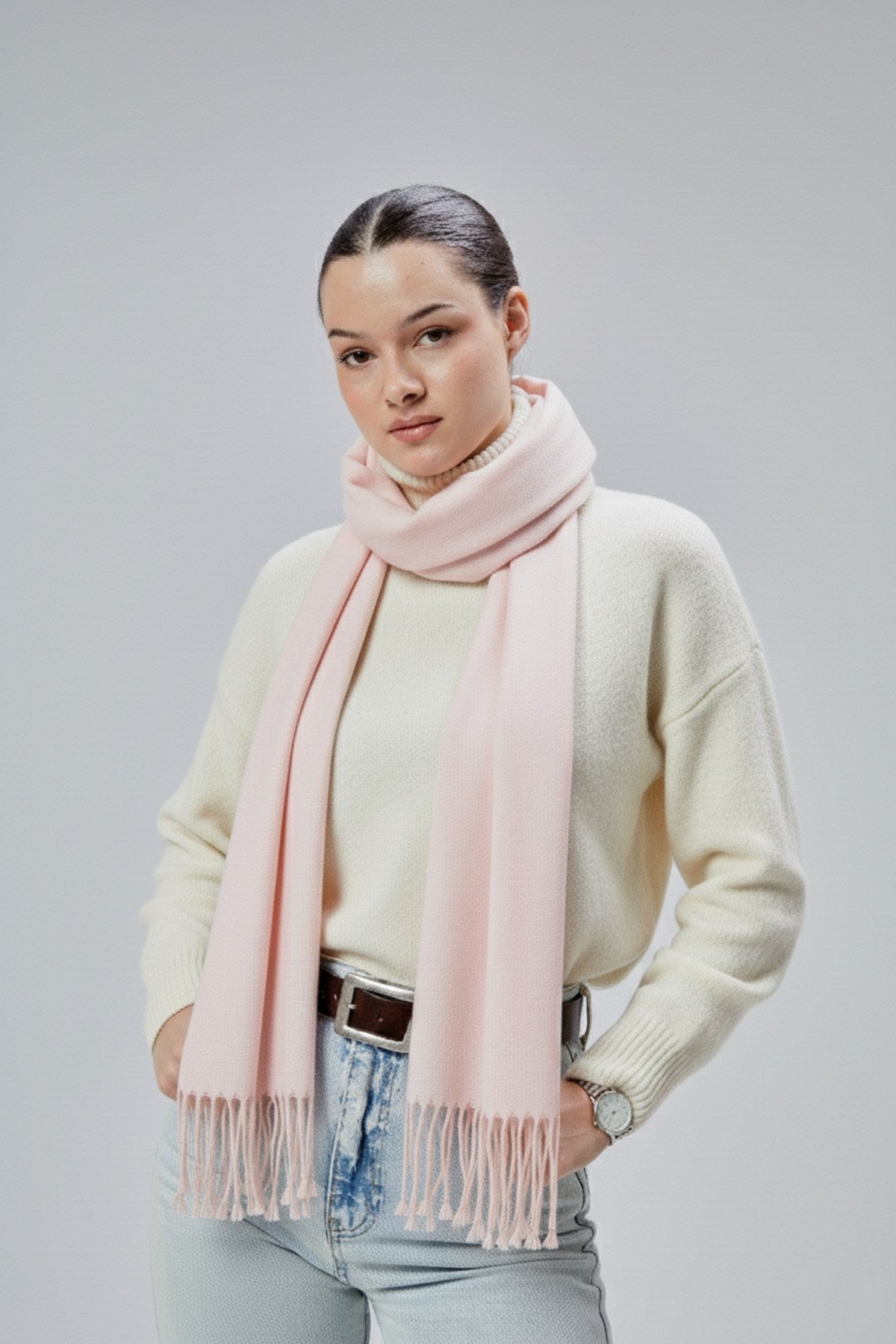 Kadın Yumuşak Dokulu Akrilik Basic Kışlık Şal Pudra