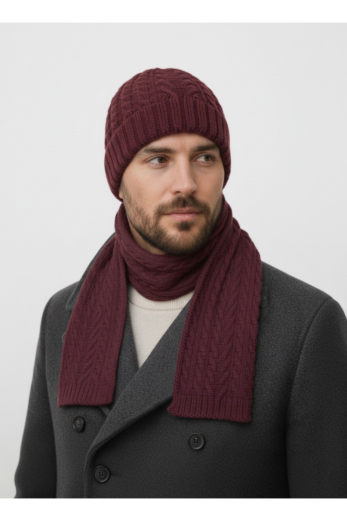 Erkek Yün Kışlık Örme Bere Atkı İkili Set Takım