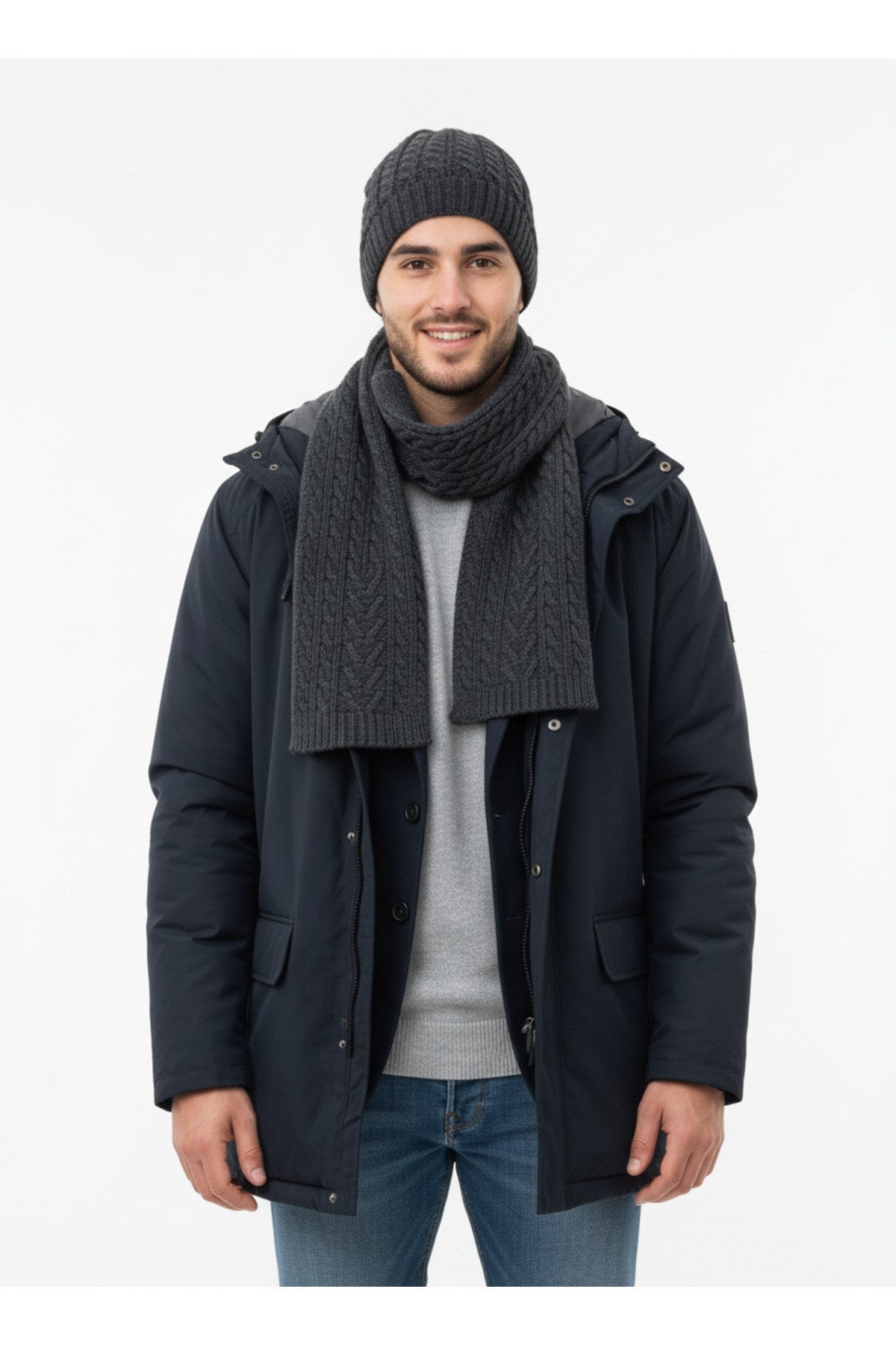 Erkek Yün Kışlık Örme Bere Atkı İkili Set Takım