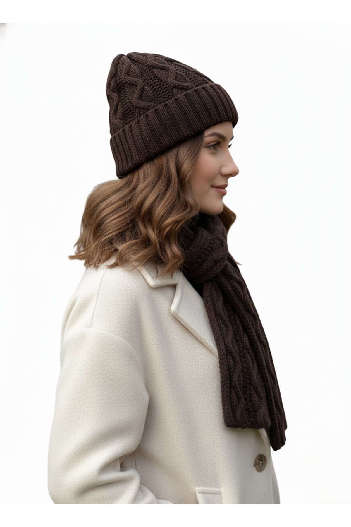 Kadın Yün Kışlık Şık Örme Bere ve Atkı İkili Set Takım